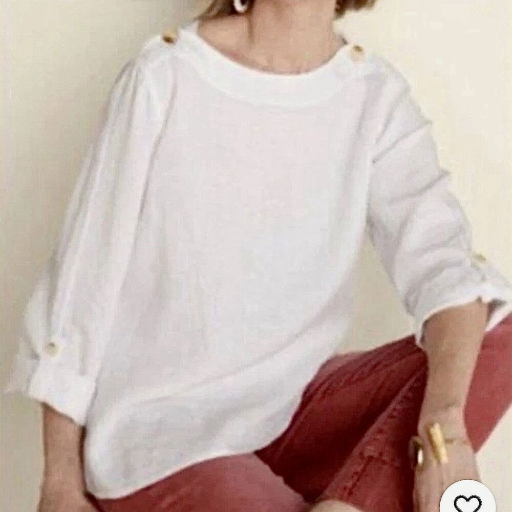 Soft Surroundings Linen Tunic Top Size Large Button Boat Neck Roll Tab Sleeves